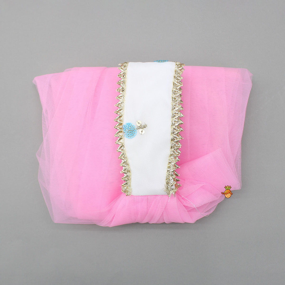 Embroidered Off-White Top And Lehenga With Contrasting Pink Net Dupatta And Potli Bag