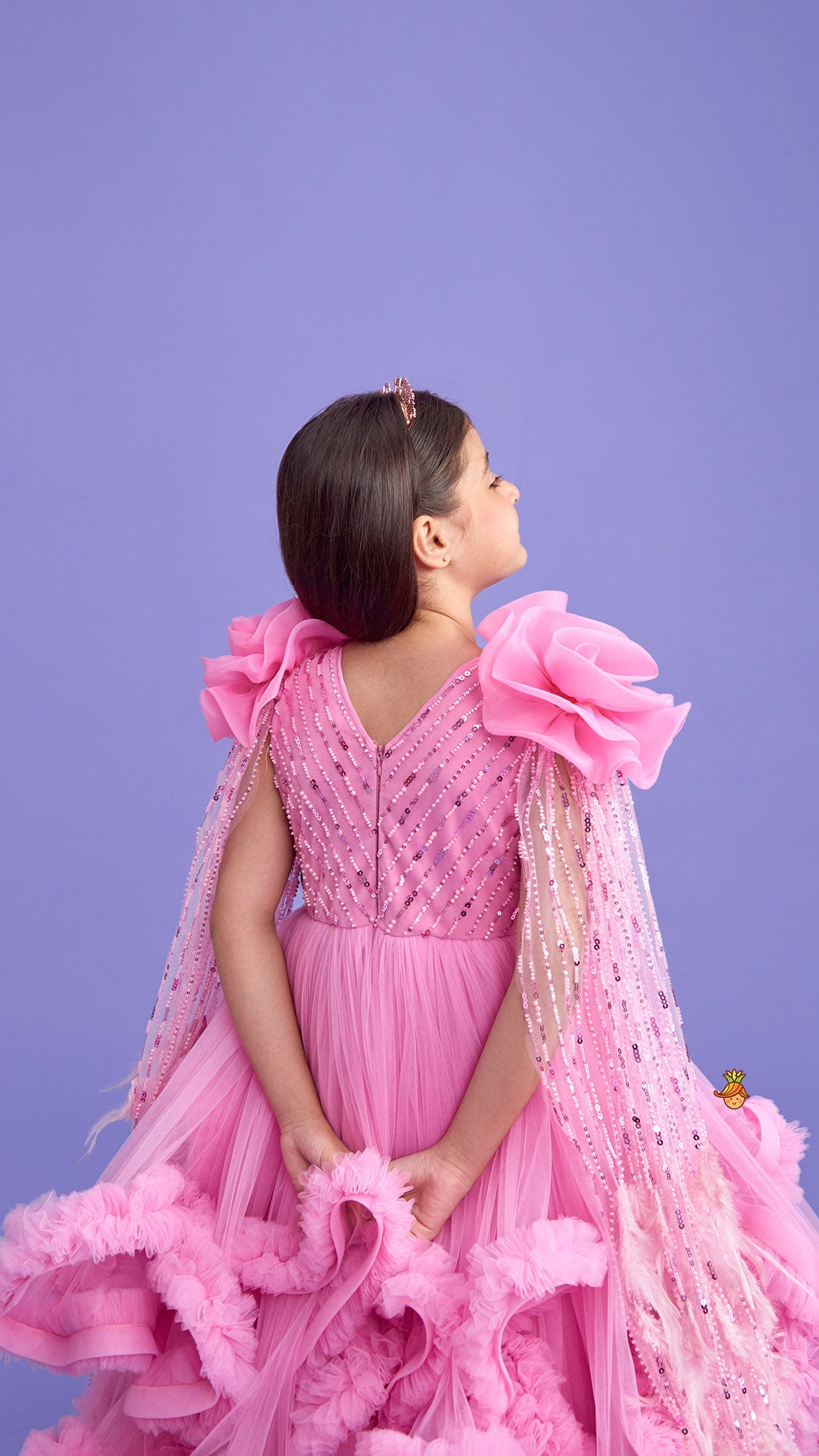 Embroidered Drape Ruffle Layered Pink Gown