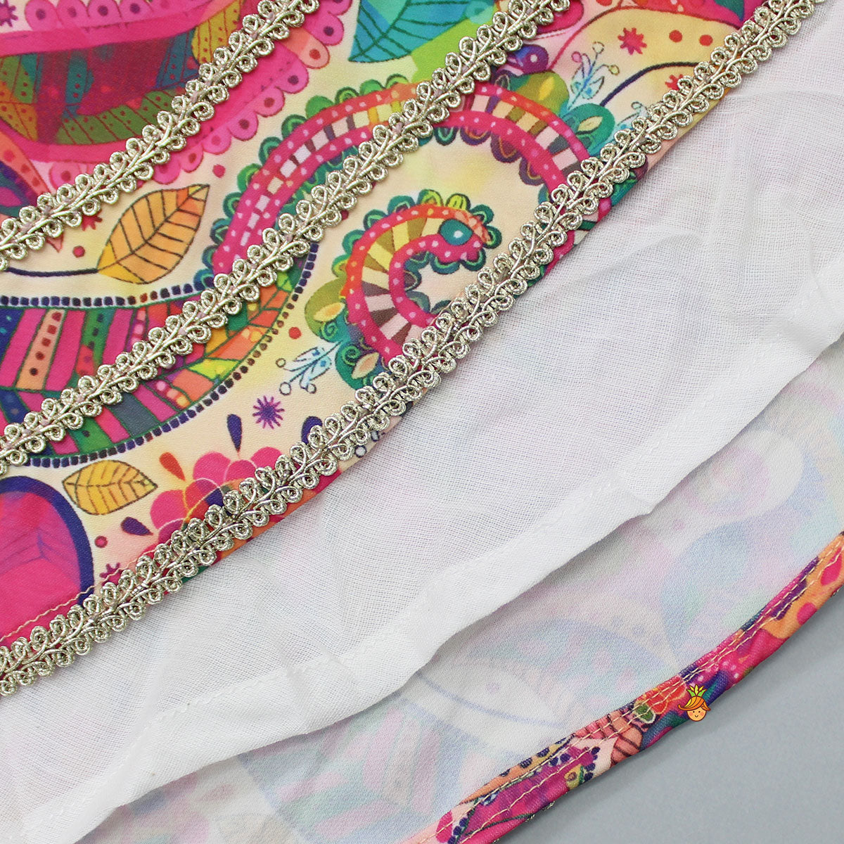 Printed Multicolour Strappy Top And Lehenga With Net Pink Dupatta