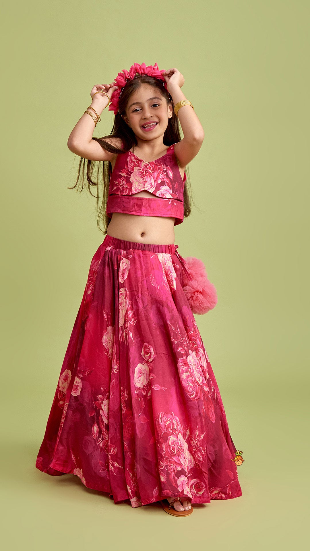 Vibrant Floral Printed Pink Stylish Crop Top And Lehenga