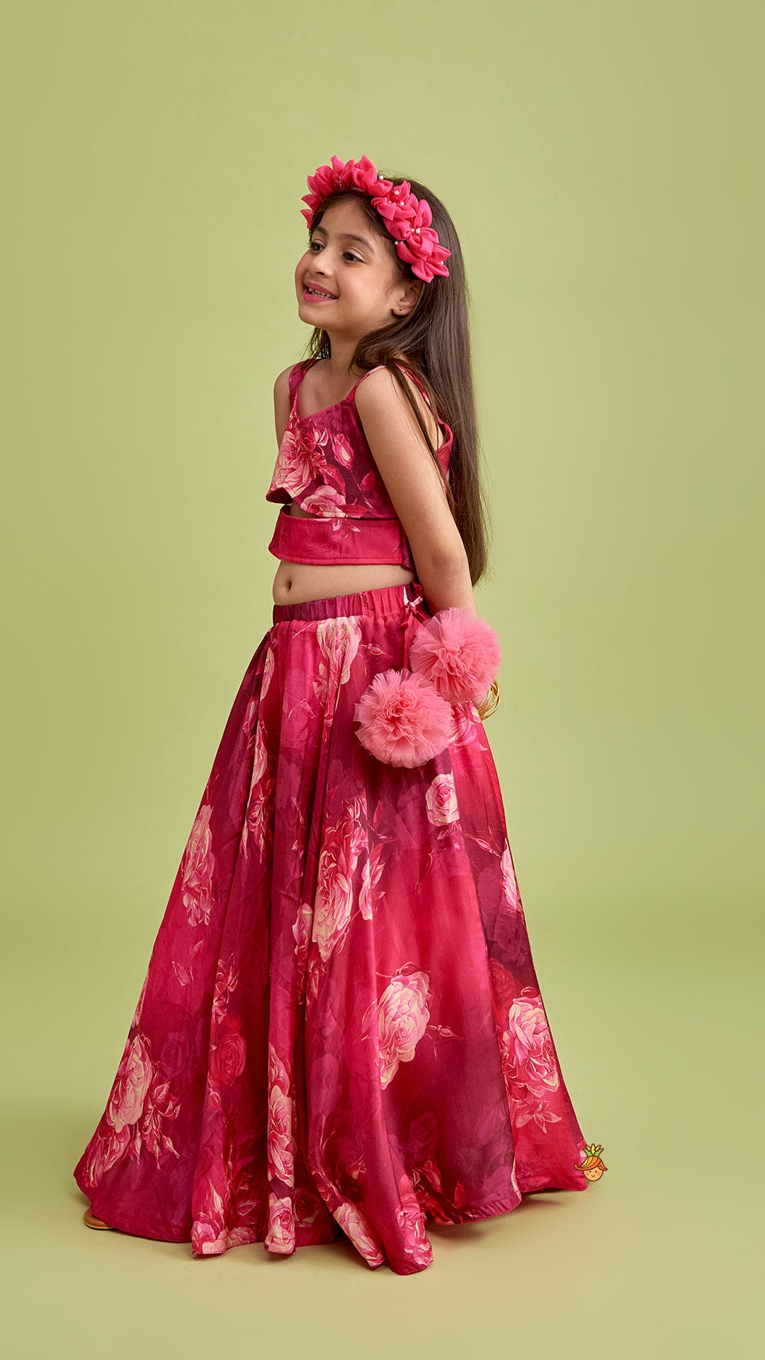 Vibrant Floral Printed Pink Stylish Crop Top And Lehenga