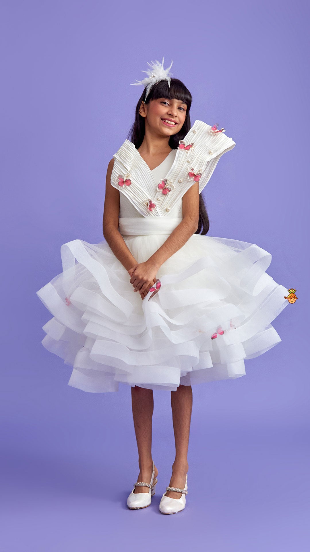 Pleated Yoke Off White Butterfly Dress With Stiff Belt