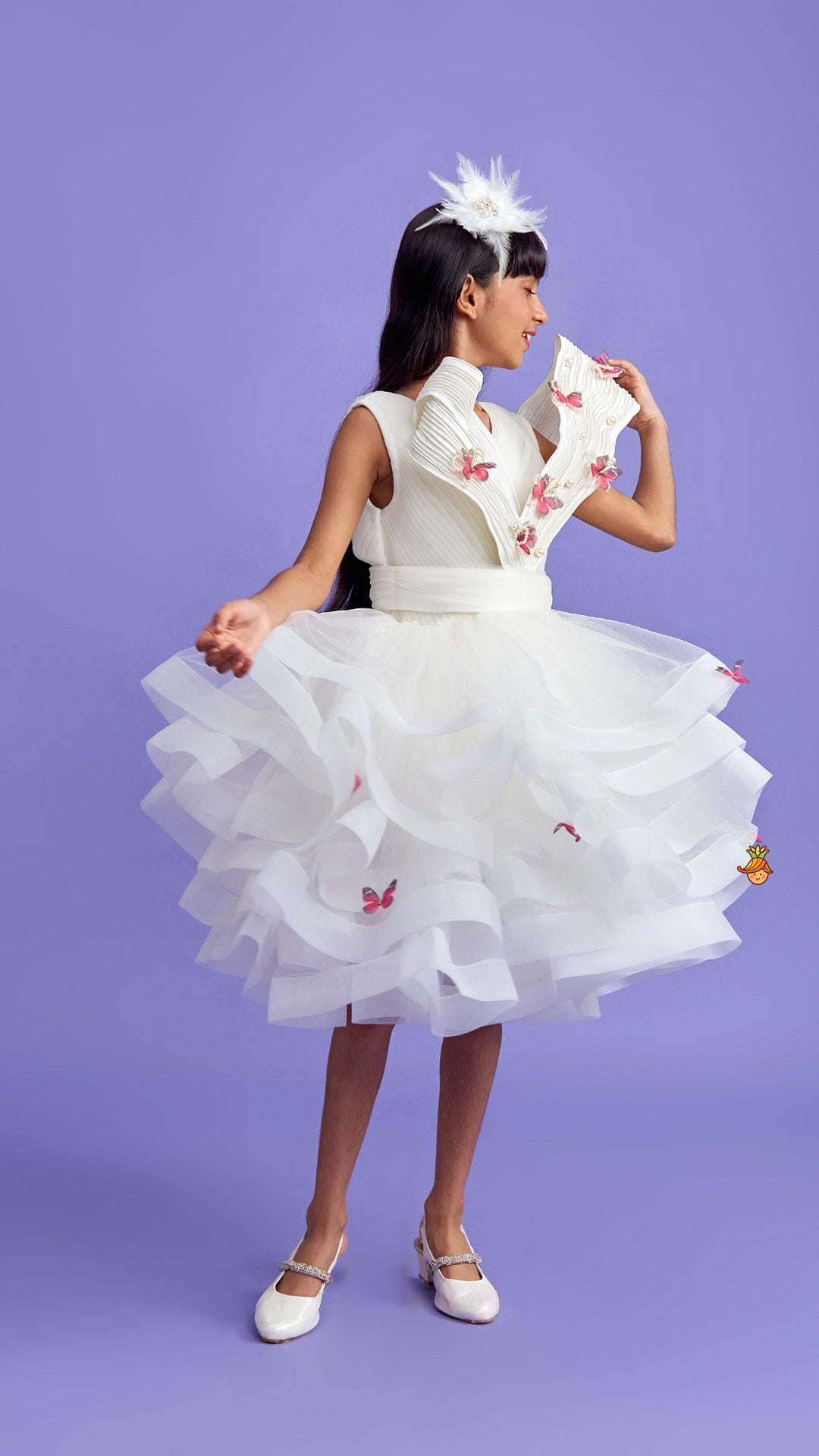 Pleated Yoke Off White Butterfly Dress With Stiff Belt