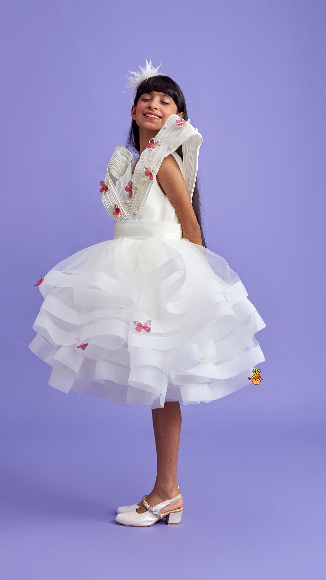 Pleated Yoke Off White Butterfly Dress With Stiff Belt