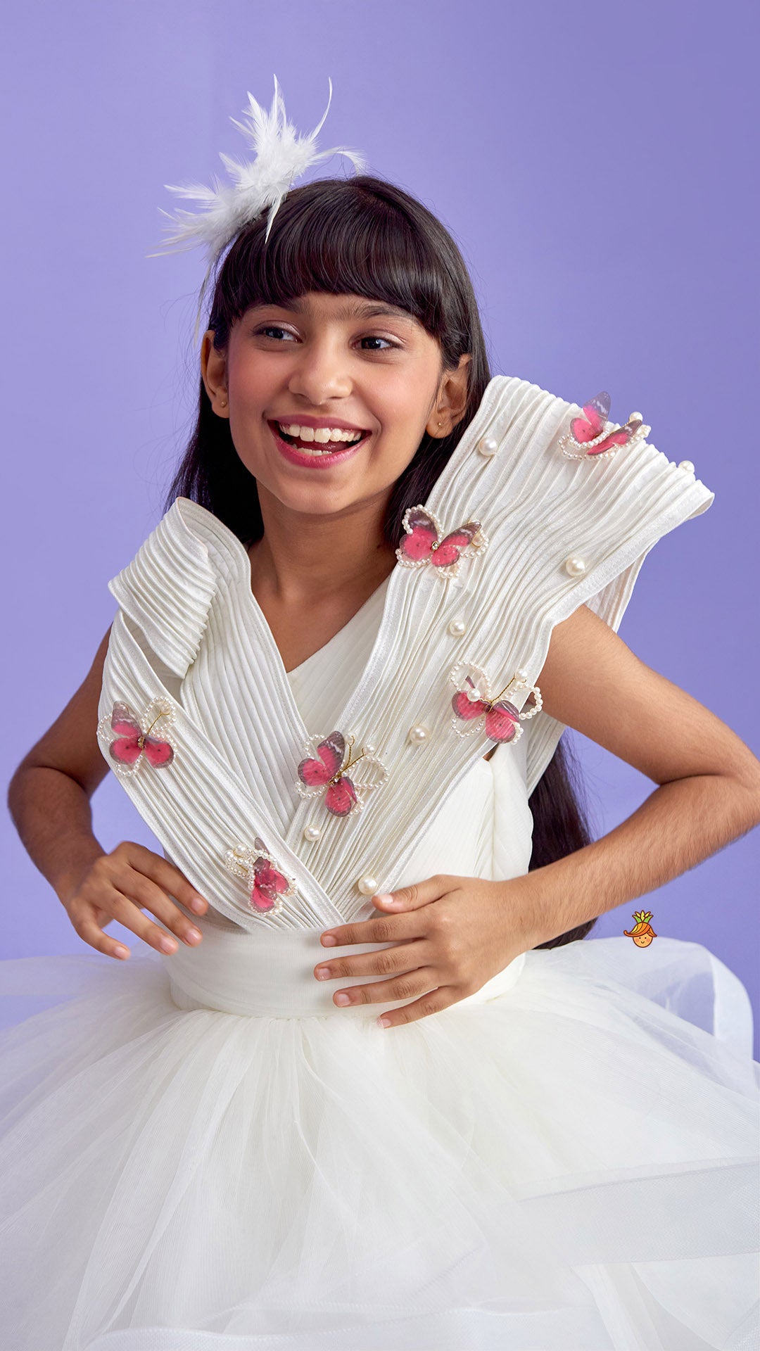 Pleated Yoke Off White Butterfly Dress With Stiff Belt