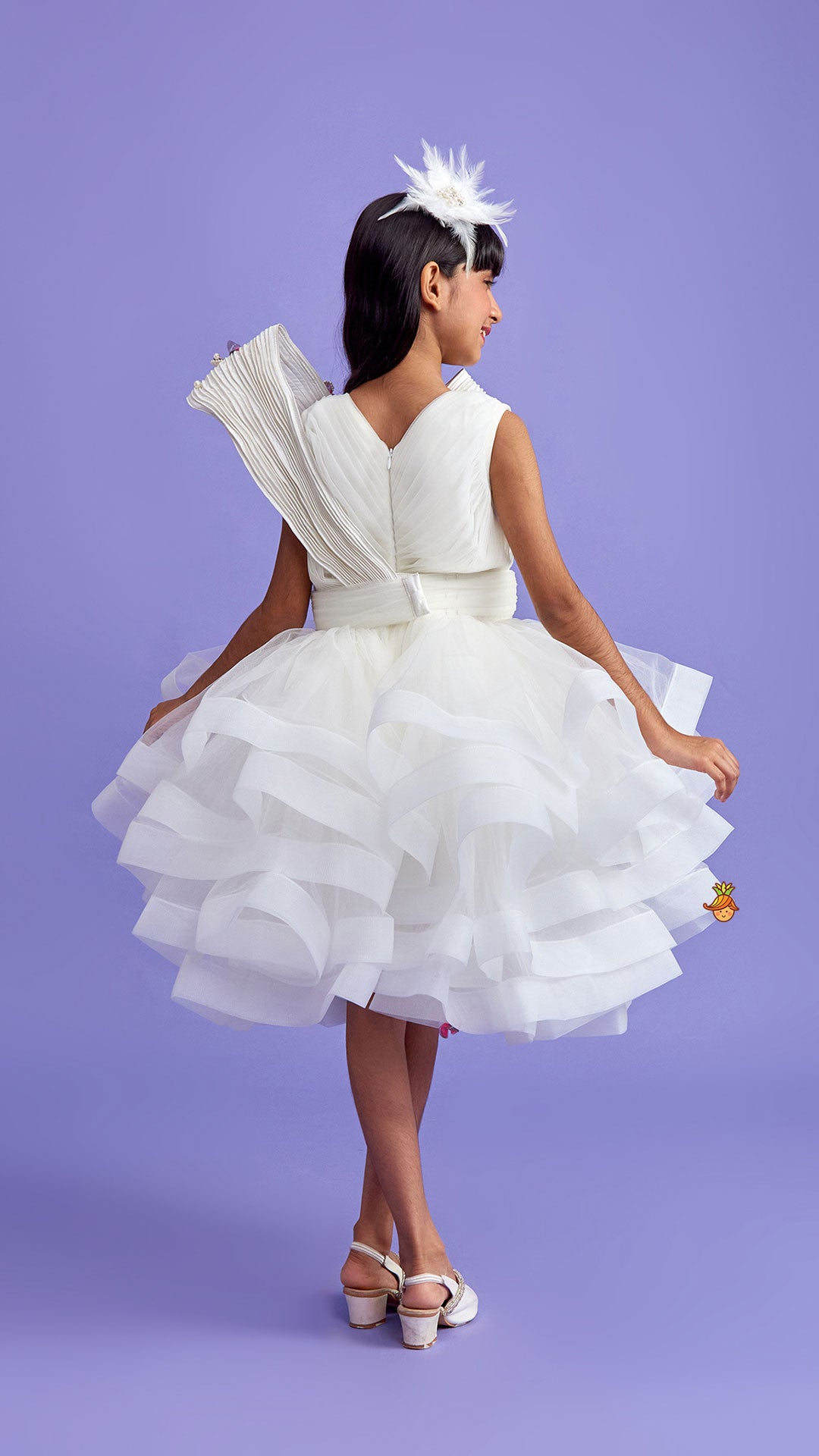 Pleated Yoke Off White Butterfly Dress With Stiff Belt