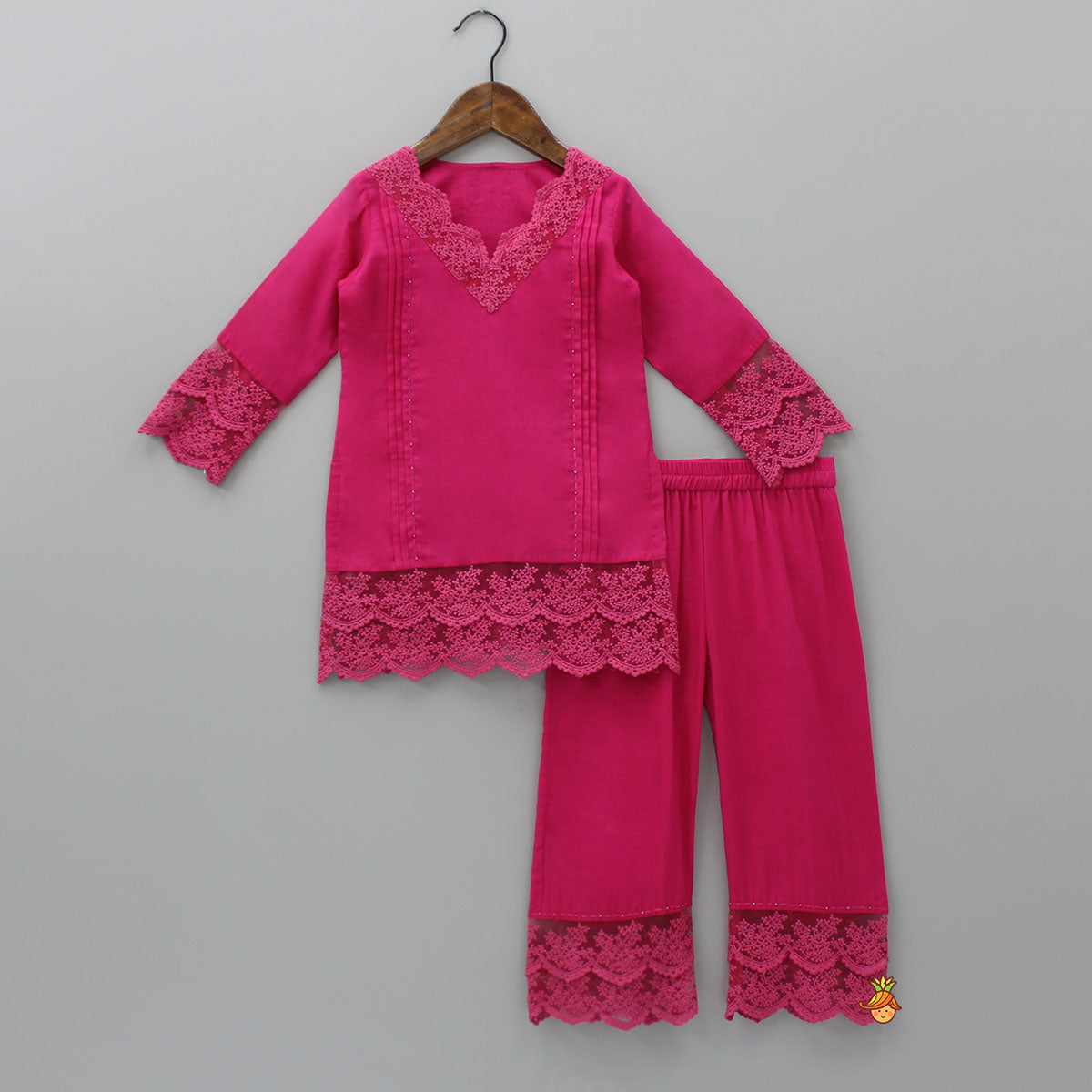 Splendid Pink Lace Kurti And Pant With Matching Dupatta