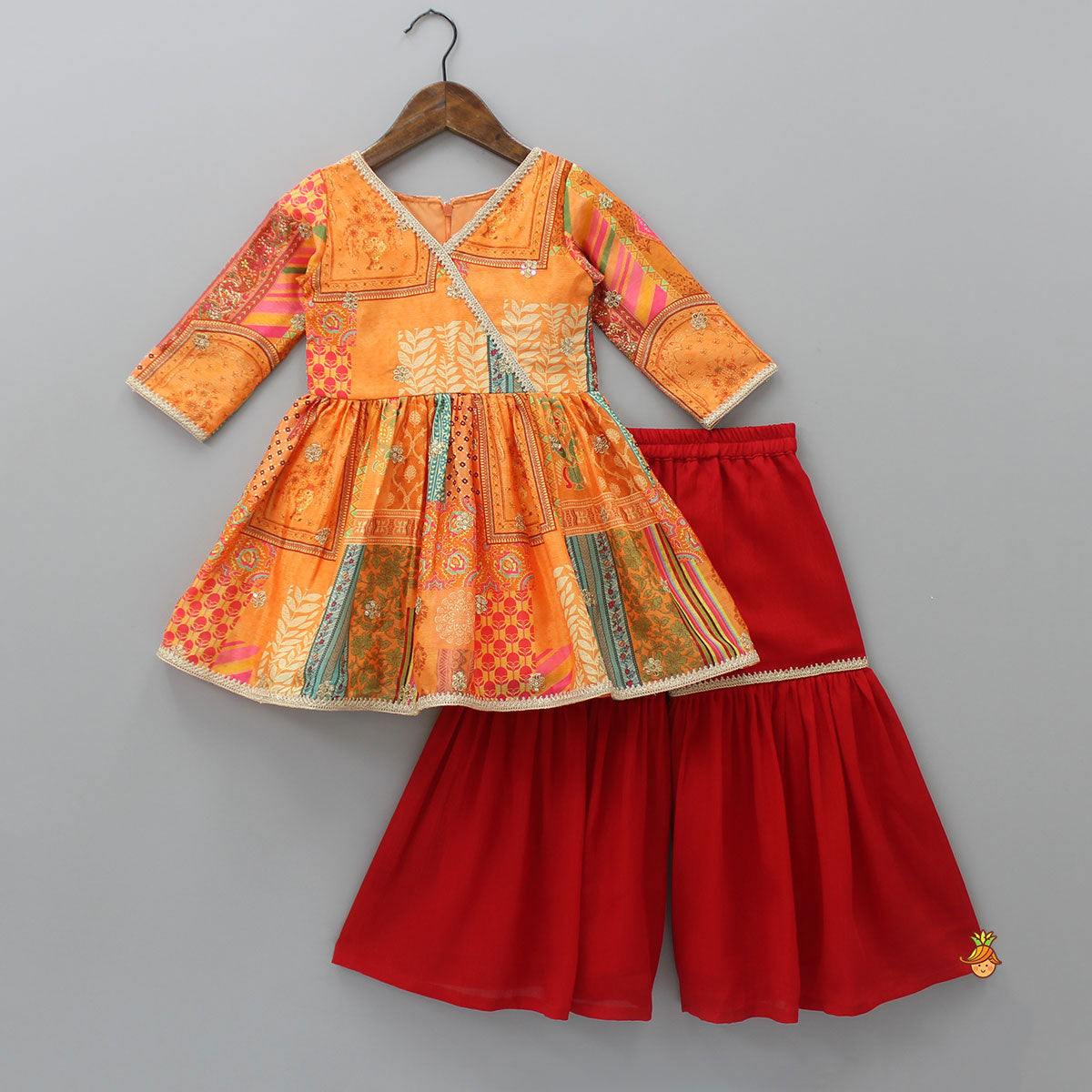V Neck Multicolour Printed Kurti And Red Sharara With Matching Dupatta