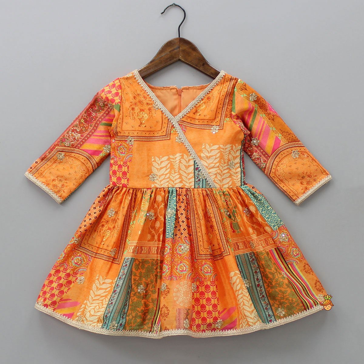 V Neck Multicolour Printed Kurti And Red Sharara With Matching Dupatta