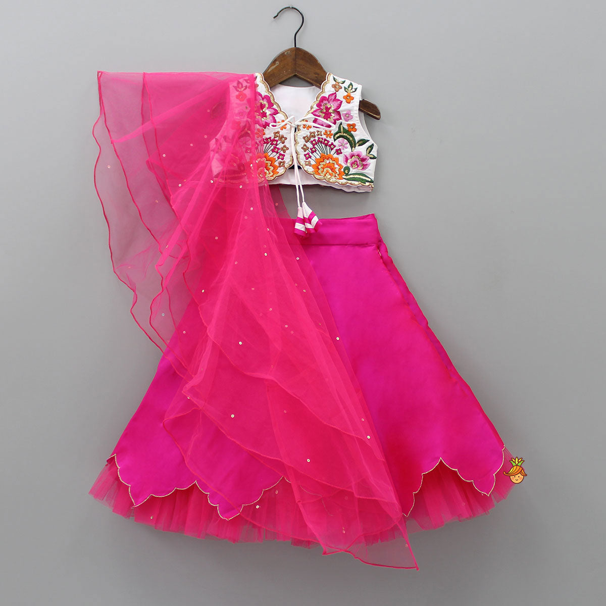 Heavy Embroidered Front Open Top And Pink Lehenga With Net Dupatta
