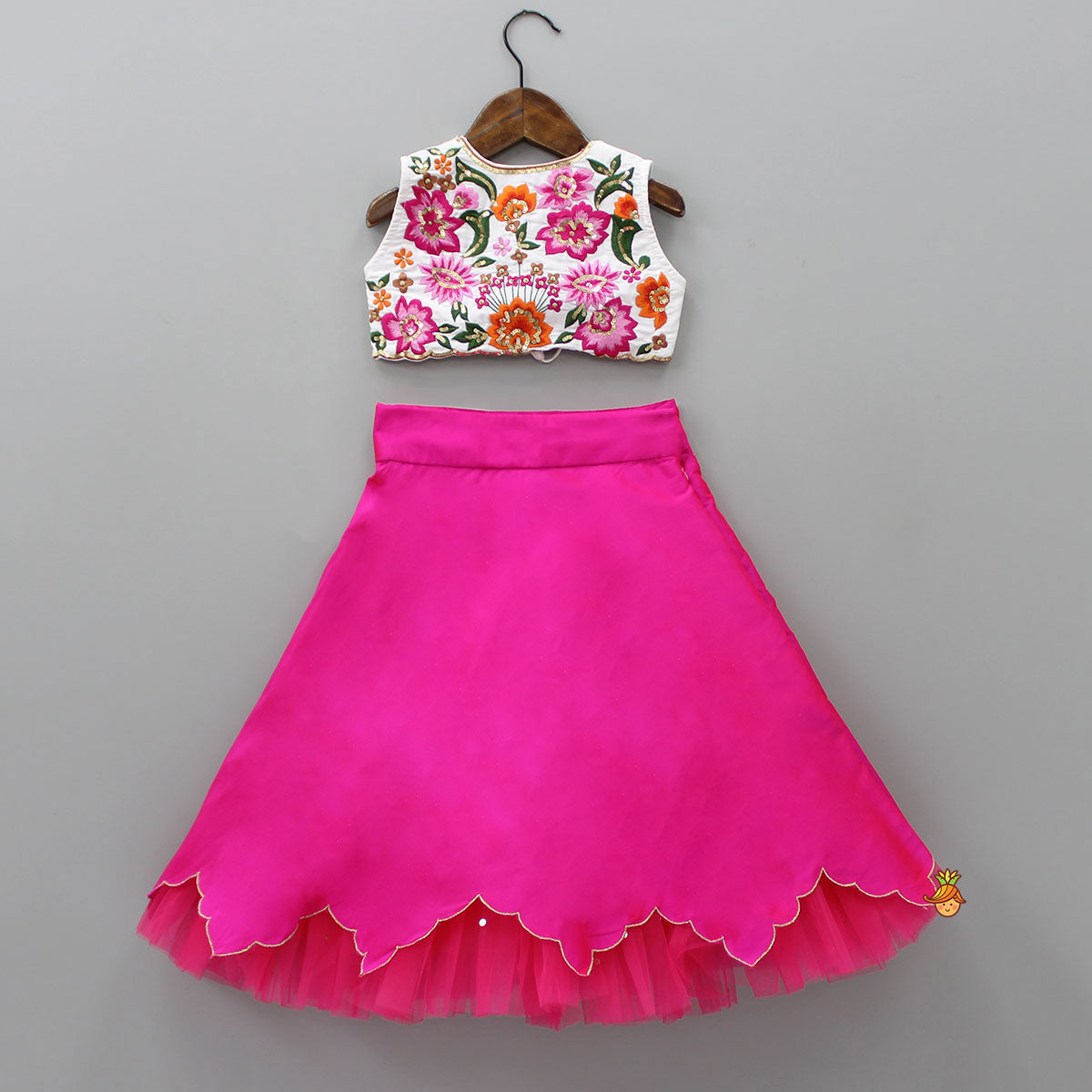 Pre Order: Heavy Embroidered Front Open Top And Pink Lehenga With Net Dupatta