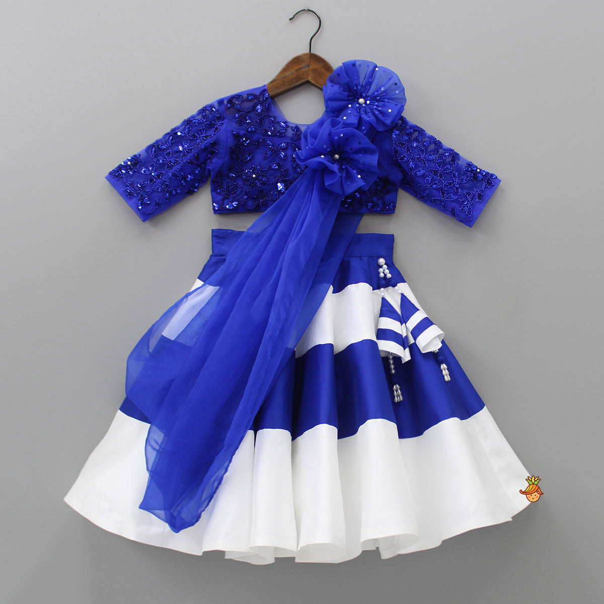 Pre Order: Heavy Embroidered Blue Top And Colour Block Lehenga With Stylish Dupatta