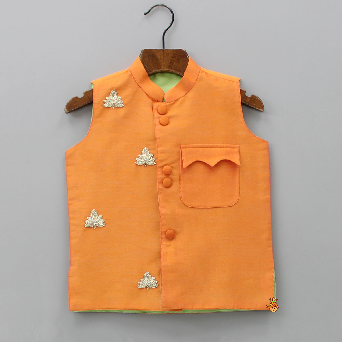 Ethnic Kurta With Patch Pocket Orange Jacket And Pyjama