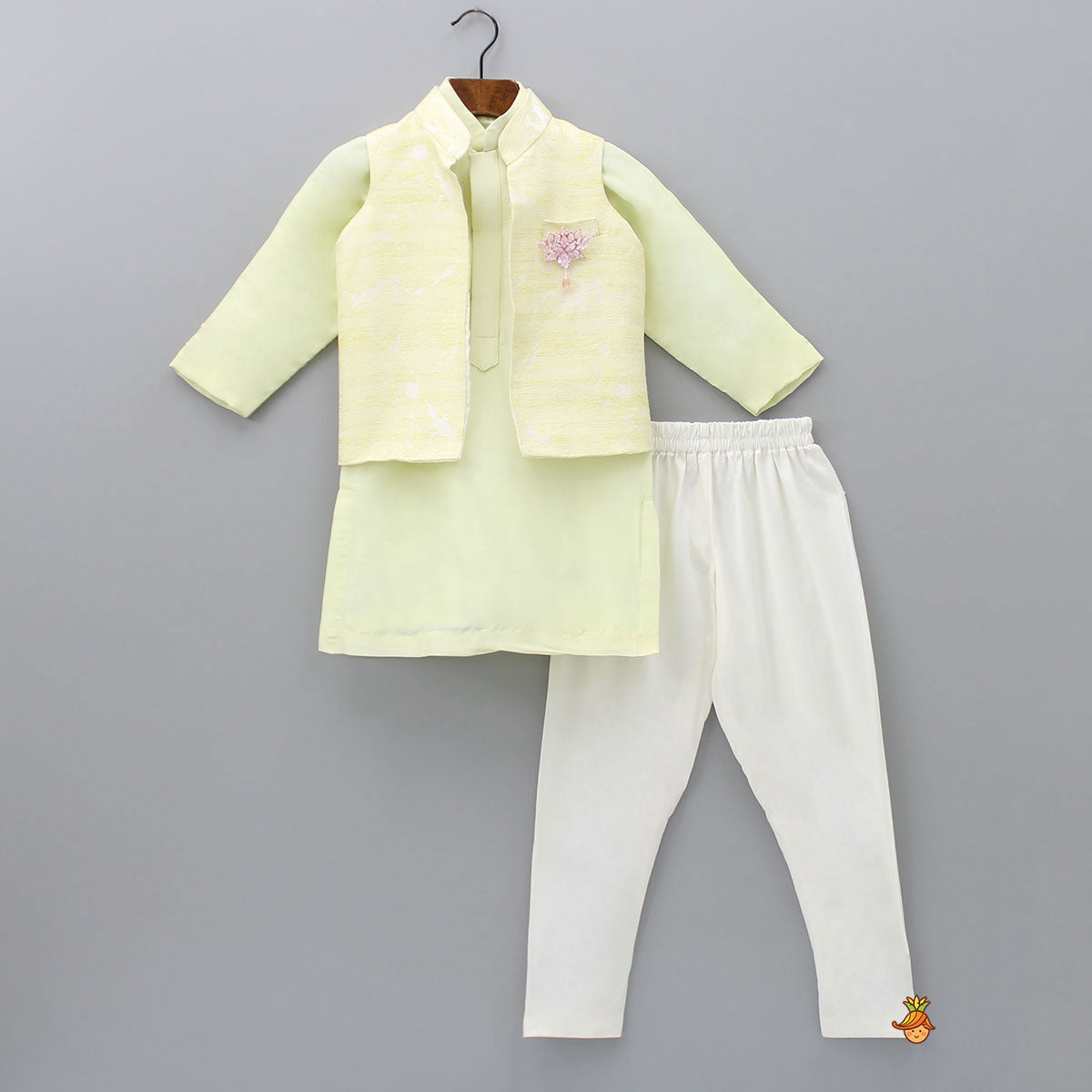 Pre Order: Kurta With Yellow Open Jacket And Off White Churidar
