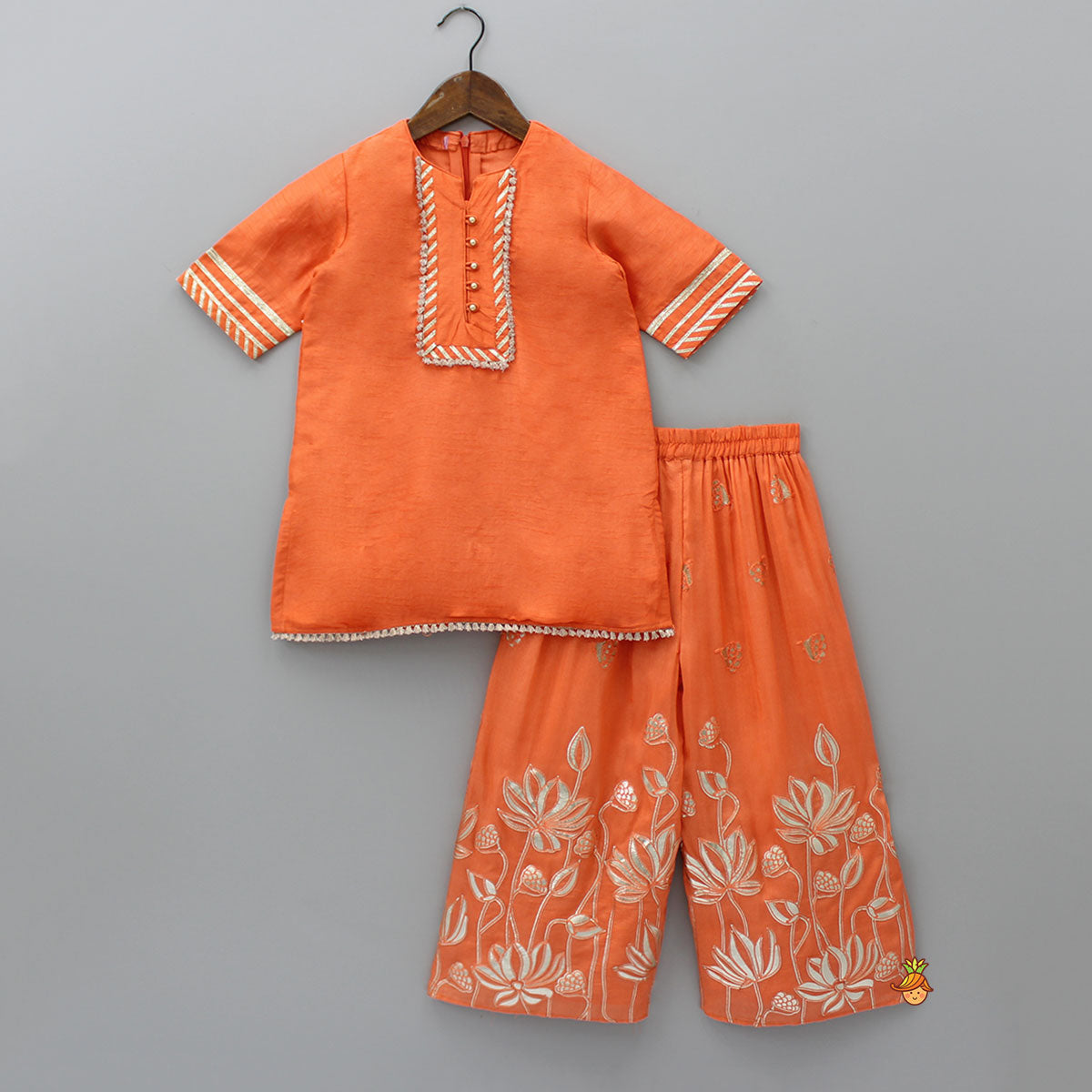 Loop Buttons Detail Orange Kurti And Embroidered Palazzo