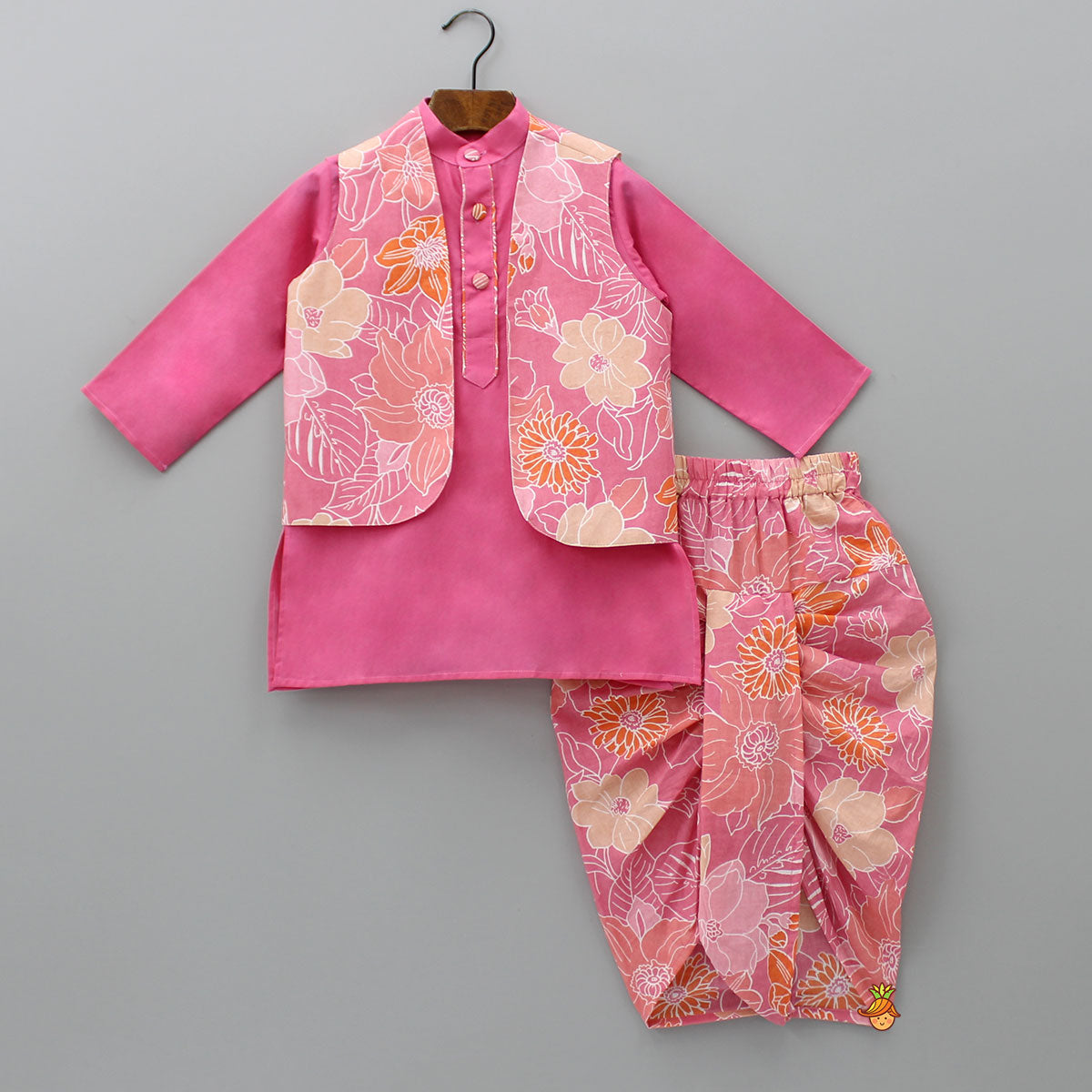 Pink Kurta With Floral Printed Open Jacket And Dhoti