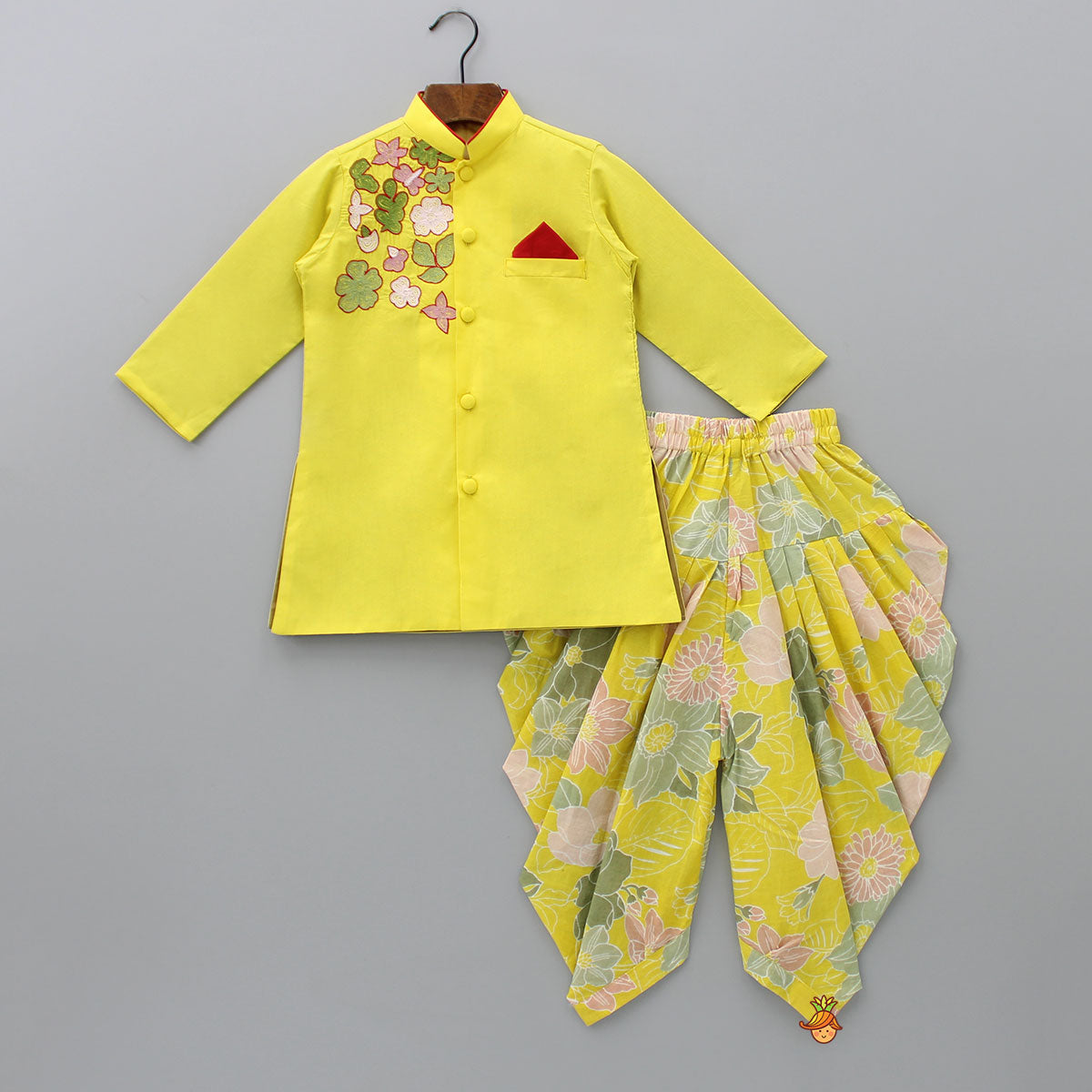 Contrasting Pocket Square Yellow Kurta And Floral Printed Dhoti