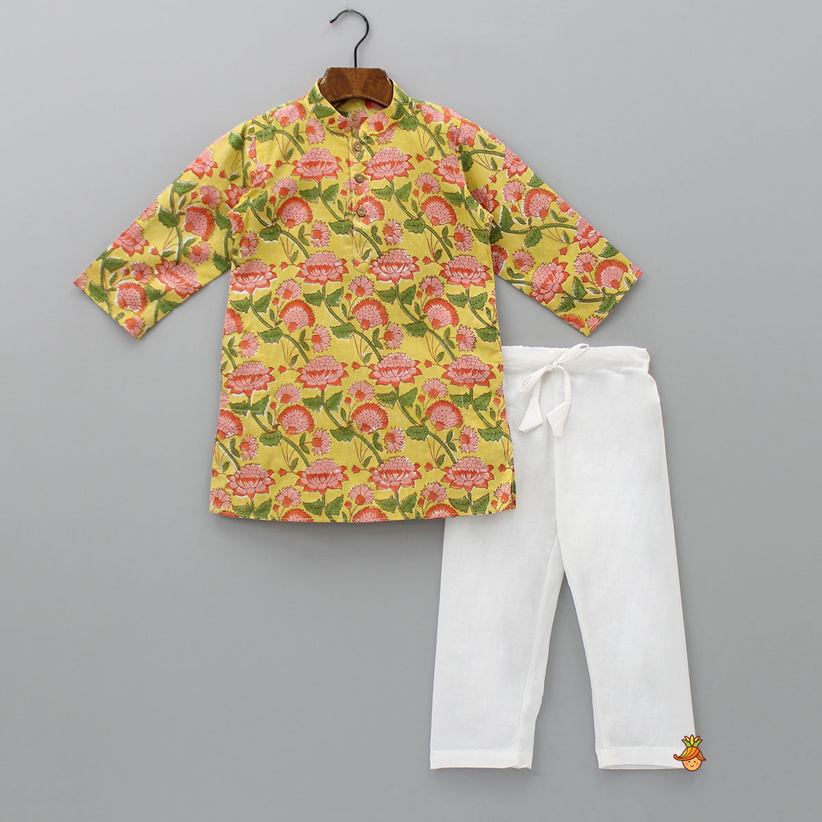 Pre Order: Floral Printed Yellow Kurta With Pyjama