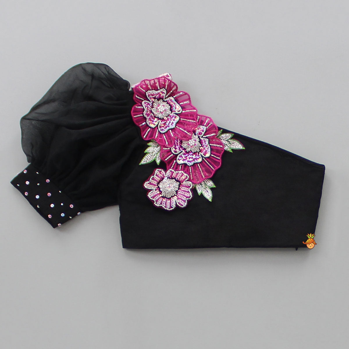 Sequined Flower Adorned One Shoulder Black Top And Printed Lehenga