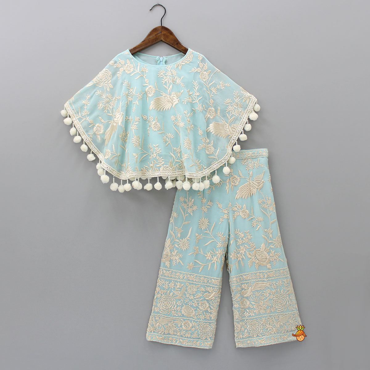 Pre Order: Blue Top With Pom Poms Detailed Embroidered Cape And Palazzo