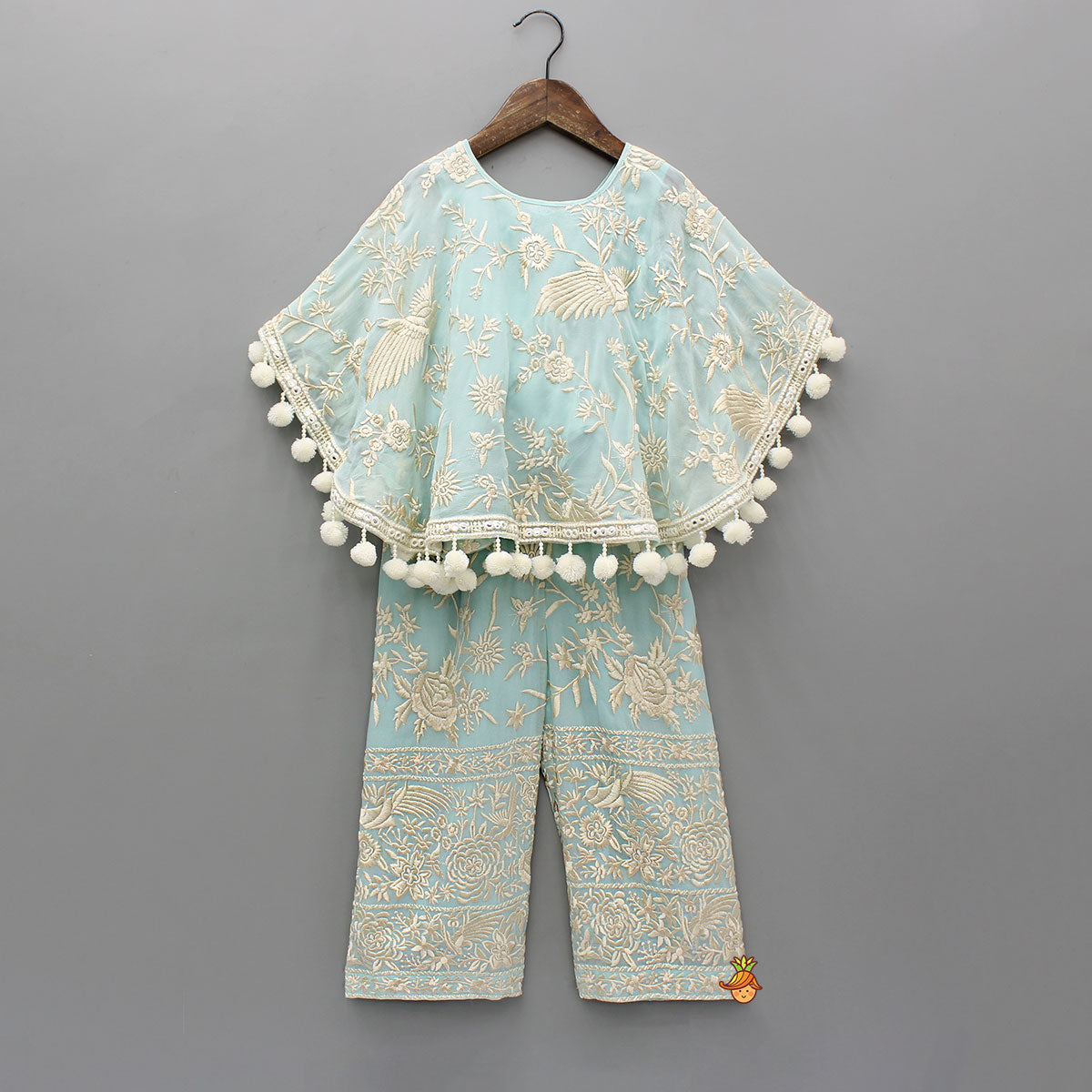 Blue Top With Pom Poms Detailed Embroidered Cape And Palazzo