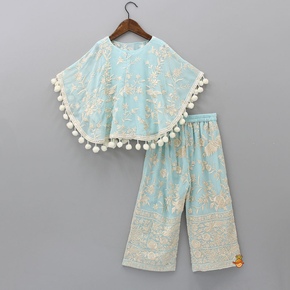 Pre Order: Blue Top With Pom Poms Detailed Embroidered Cape And Palazzo