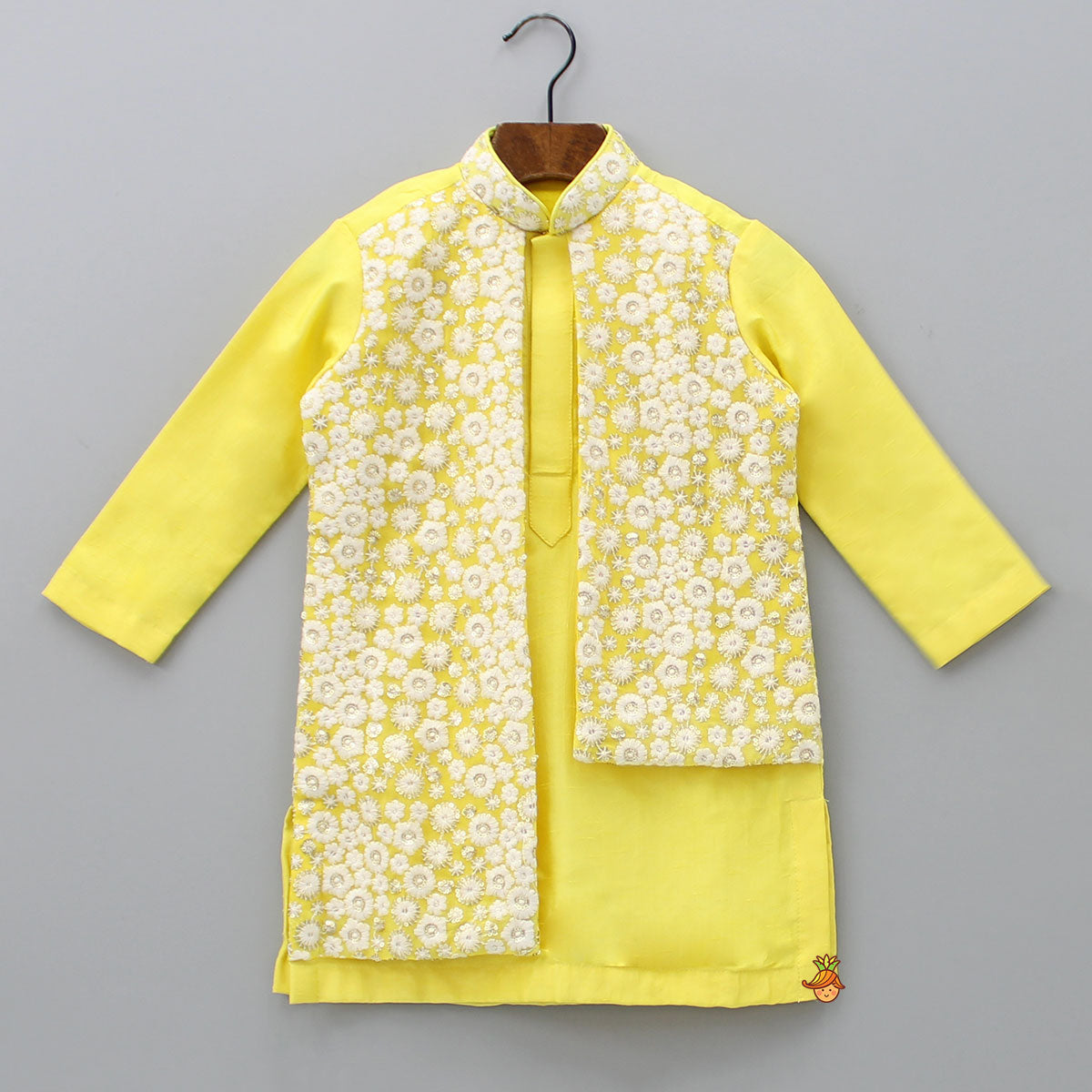 Yellow Mandarin Collar Jacket Style Kurta And Churidar