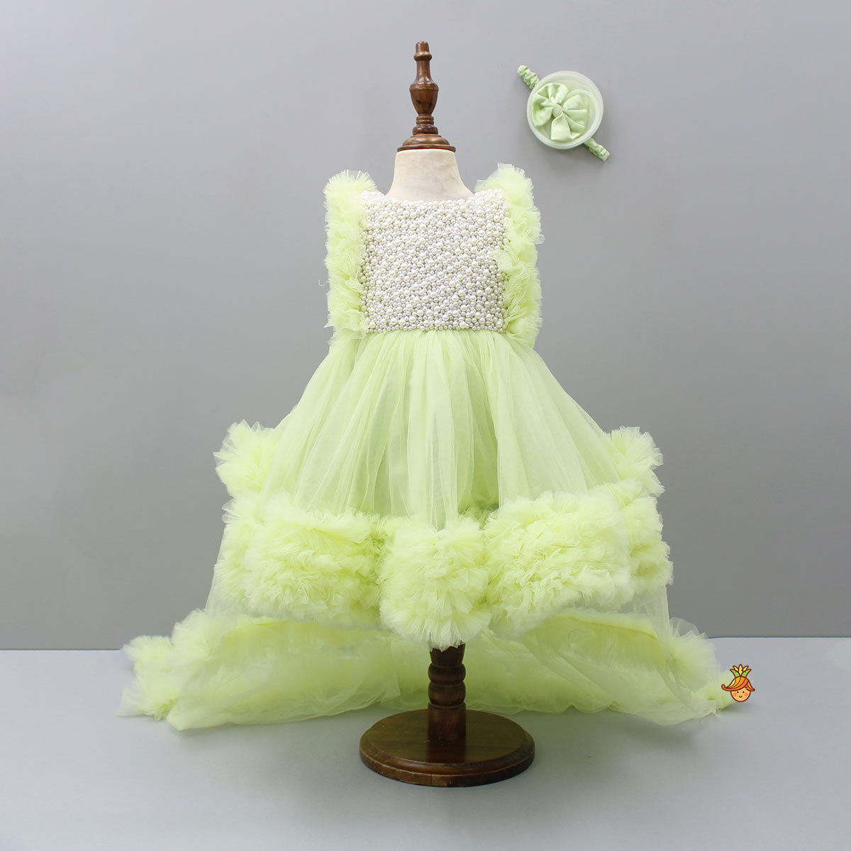 Pre Order: Embroidered Yoke Ruffle Hem Green Dress With Detachable Trail And Matching Head Band
