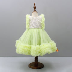 Pre Order: Embroidered Yoke Ruffle Hem Green Dress With Detachable Trail And Matching Head Band