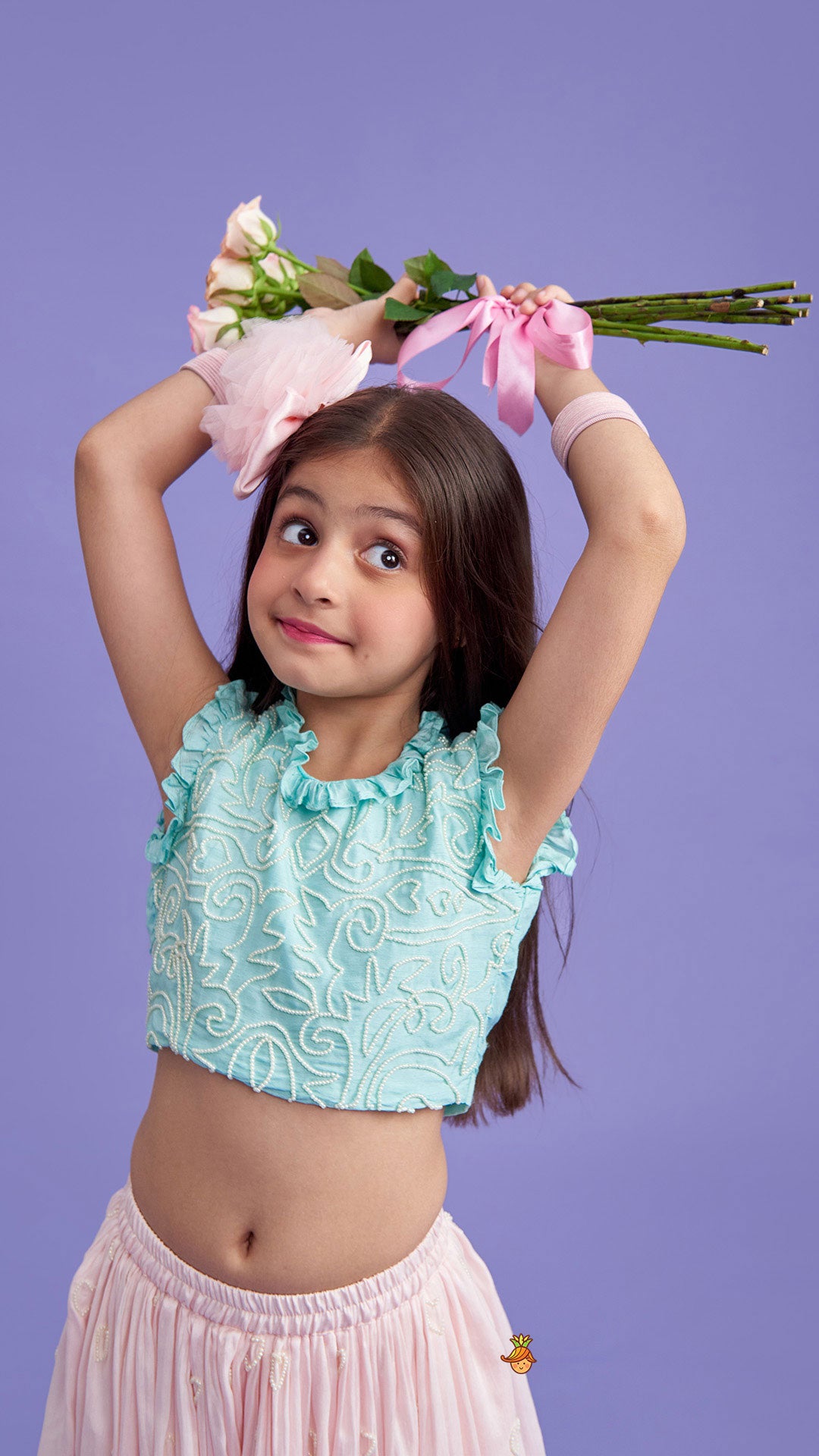 Ruffle Neckline Green Top And Pink Palazzo