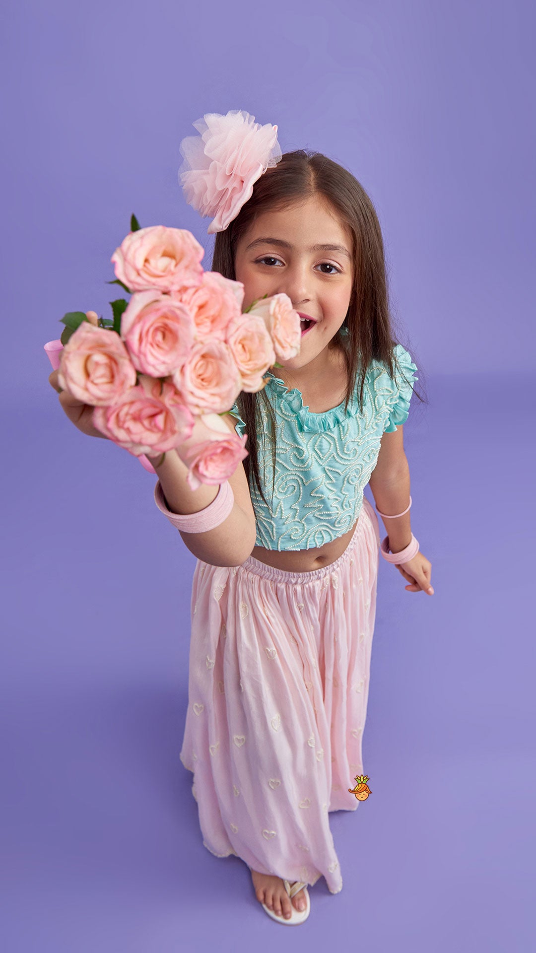 Ruffle Neckline Green Top And Pink Palazzo