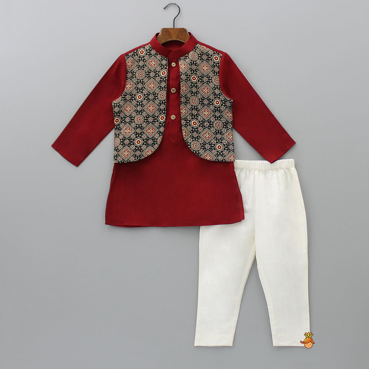 Pre Order: Ajrakh Printed Jacket Style Maroon Kurta And Pyjama