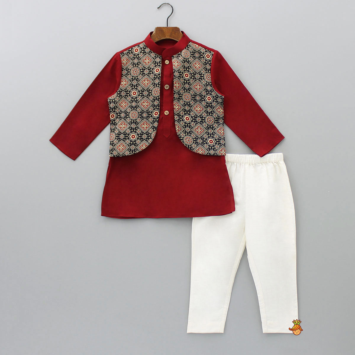 Ajrakh Printed Jacket Style Maroon Kurta And Pyjama