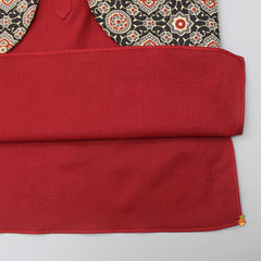 Pre Order: Ajrakh Printed Jacket Style Maroon Kurta And Pyjama