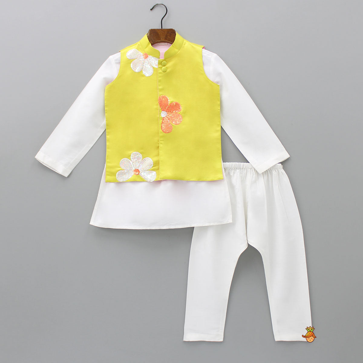 Pre Order: Ethnic Kurta With Yellow Jacket And Pyjama