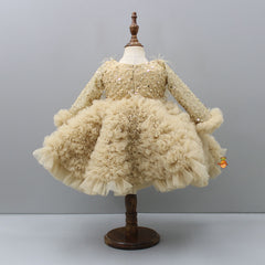 Pre Order: Sequins Embellished Ruffled Beige Dress With Matching Swirled Bowie Headband
