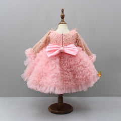 Pre Order: Sequins Embellished Ruffled Peach Dress With Matching Swirled Bowie Headband