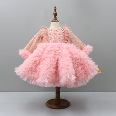 Pre Order: Sequins Embellished Ruffled Peach Dress With Matching Swirled Bowie Headband