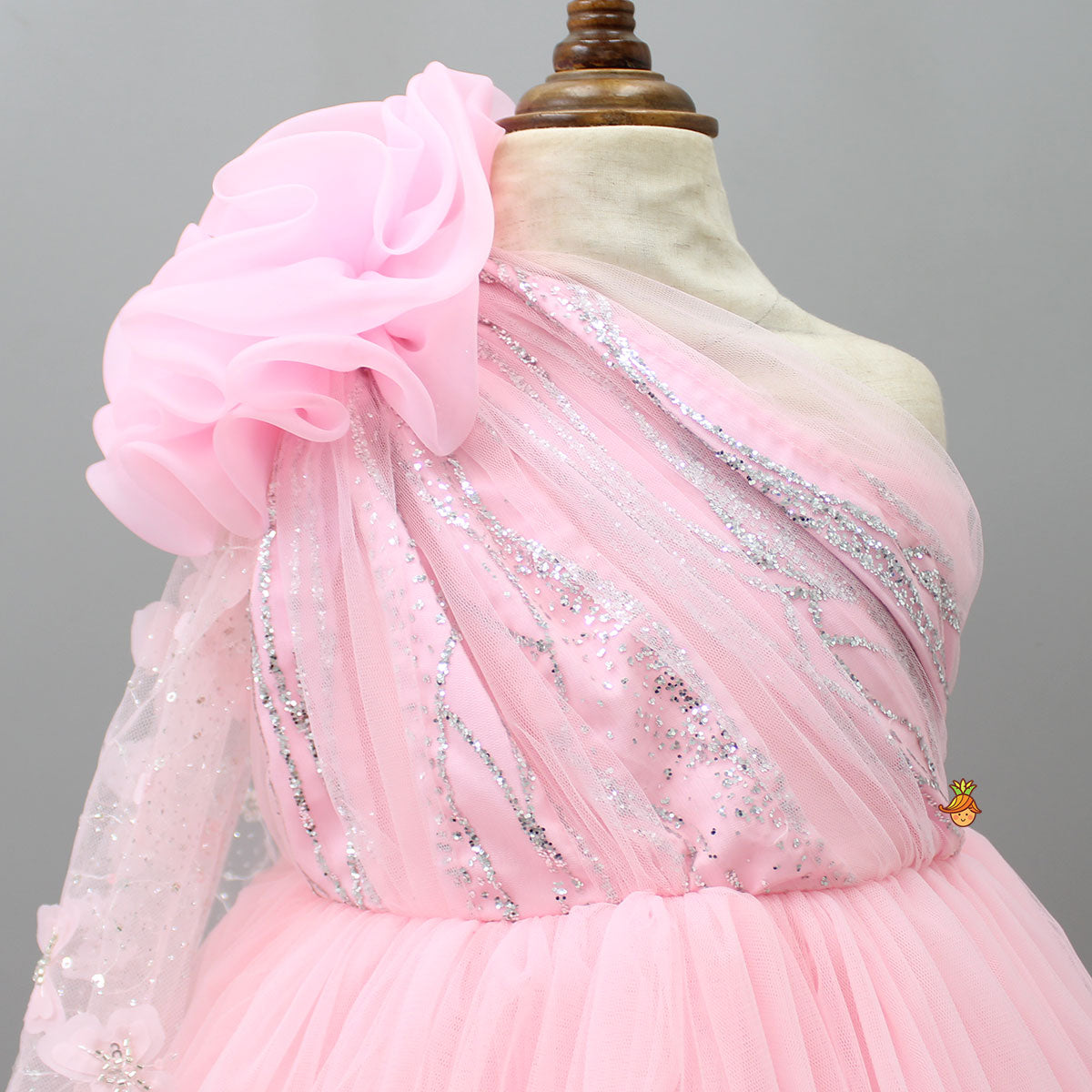 One Shoulder Pink Net Drape Gown