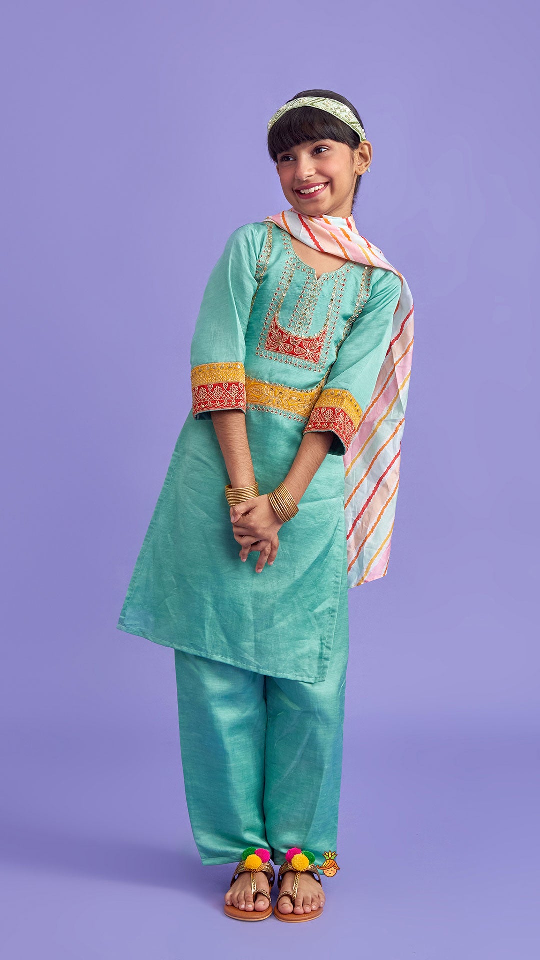 Embroidered Green Kurti And Pant With Striped Multicolour Dupatta