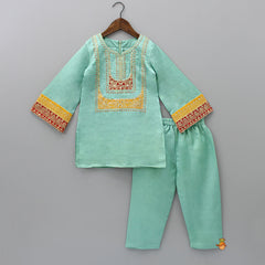 Pre Order: Embroidered Green Kurti And Pant With Striped Multicolour Dupatta