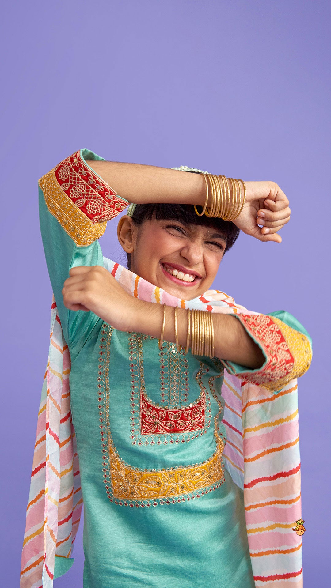 Embroidered Green Kurti And Pant With Striped Multicolour Dupatta