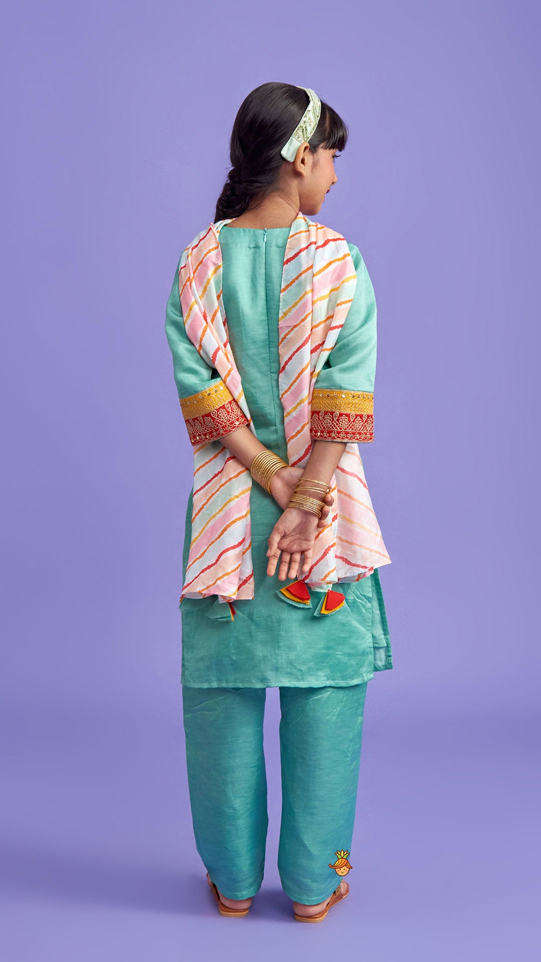 Embroidered Green Kurti And Pant With Striped Multicolour Dupatta