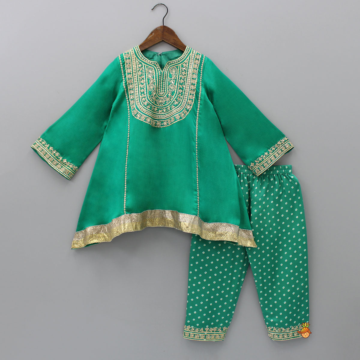 Pre Order: Gota Work Asymmetric Green Kurti And Bandhani Printed Pant