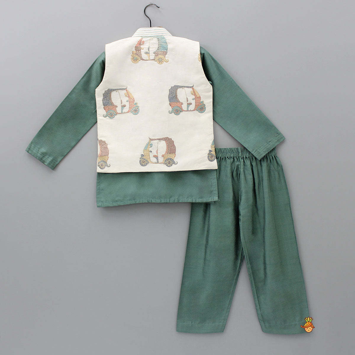 Pin Tuck Green Kurta With Embroidered Jacket And Pyjama