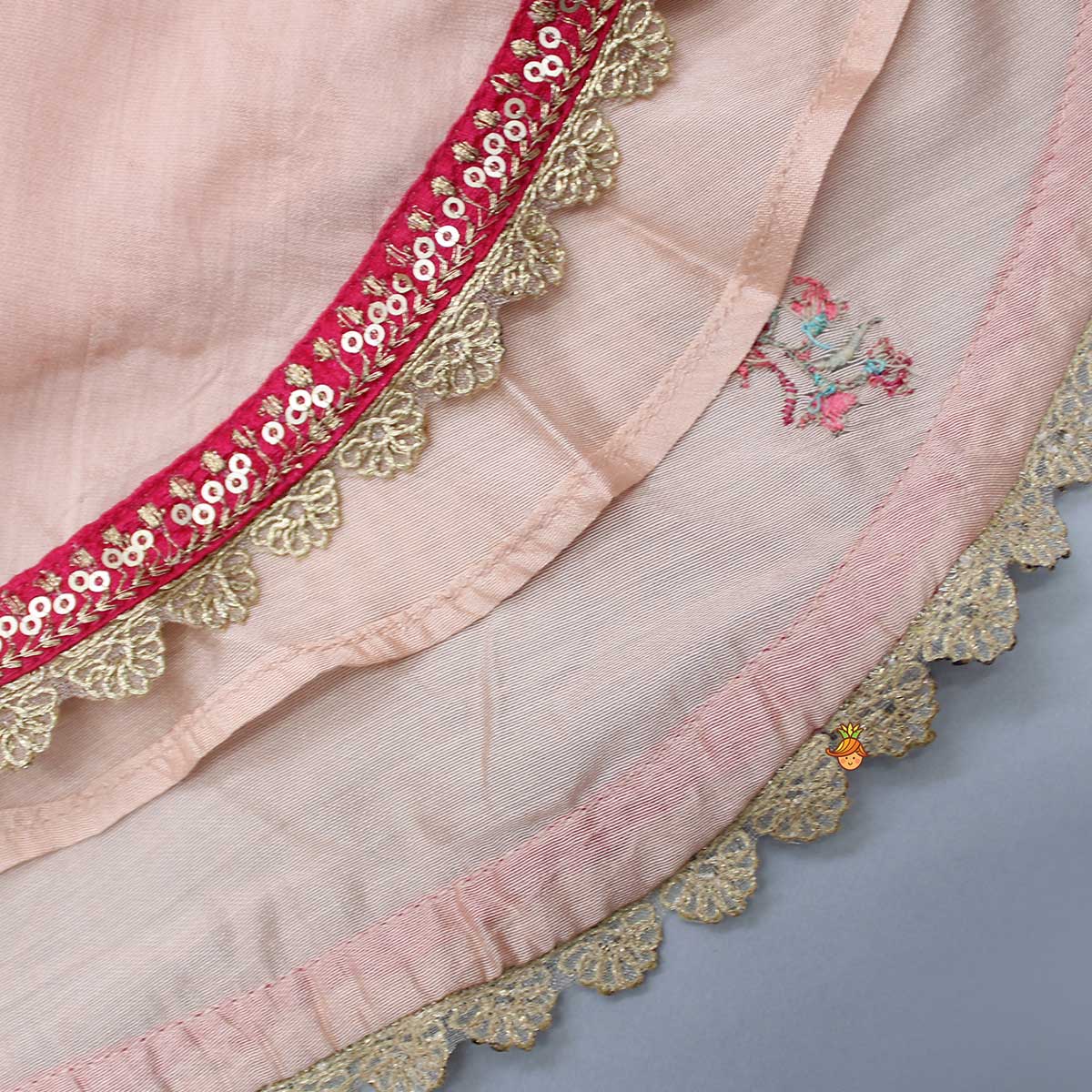 Thread Embroidered Peach Top With Pleated Dhoti