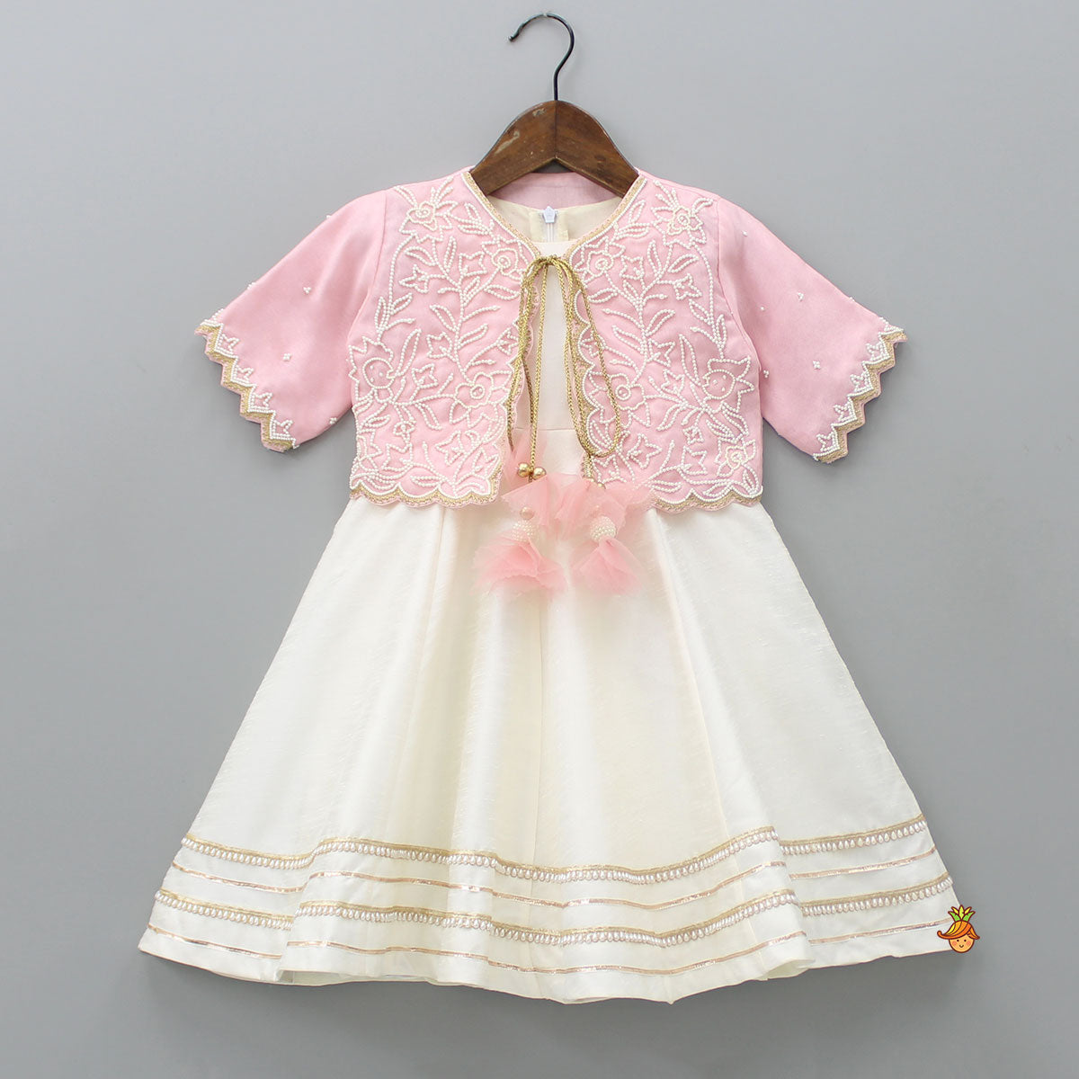 Pre Order: Off White Kurti With Pink Organza Jacket