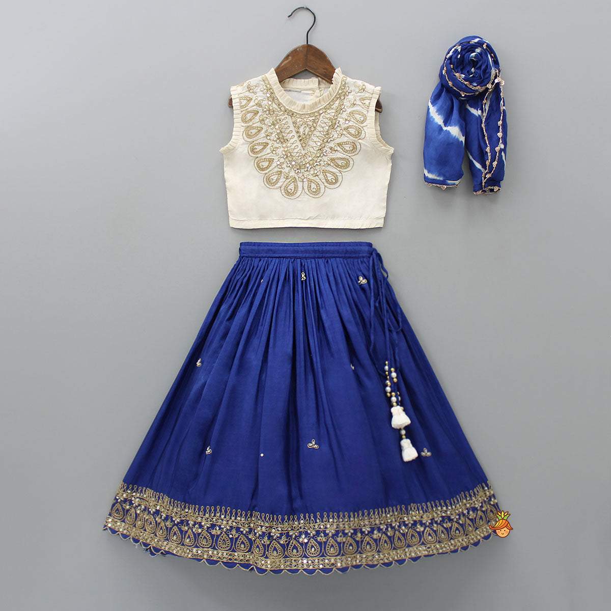 Pre Order: Pleated Neckline Top And Blue Lehenga With Printed Dupatta