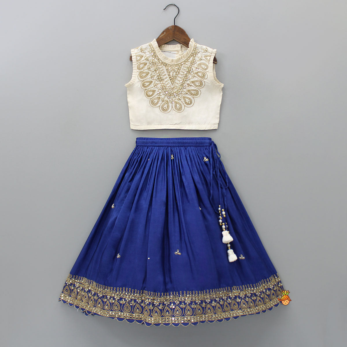 Pleated Neckline Top And Blue Lehenga With Printed Dupatta