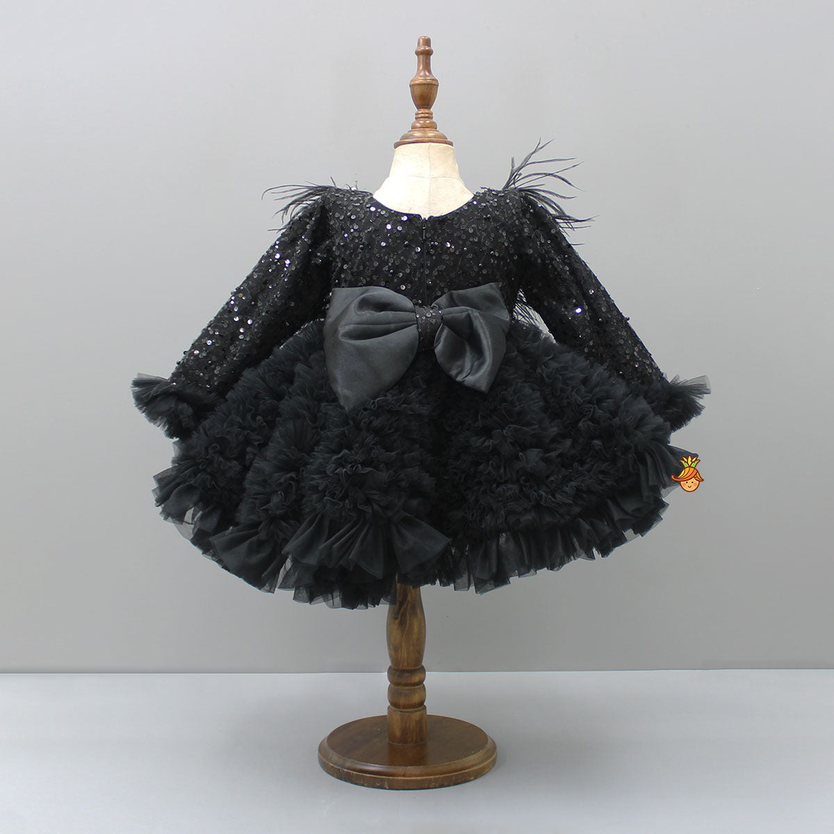 Sequins Embellished Ruffled Black Dress With Matching Swirled Bowie Headband